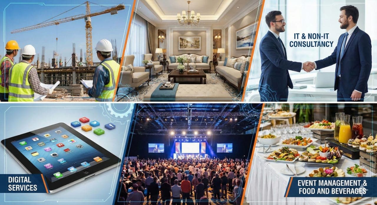 Premium multi-service hero: construction, events, digital services, consultancy, entertainment, and F&B